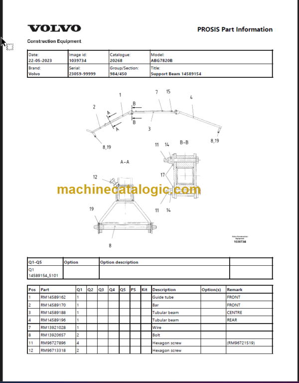 Volvo ABG7820B Tracked Paver Parts Catalog Manual