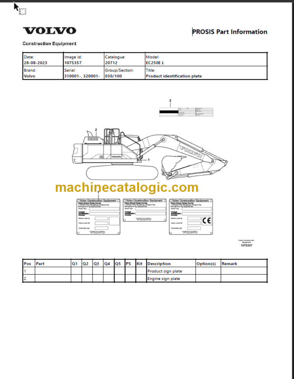 Volvo EC250E L Excavator Parts Manual