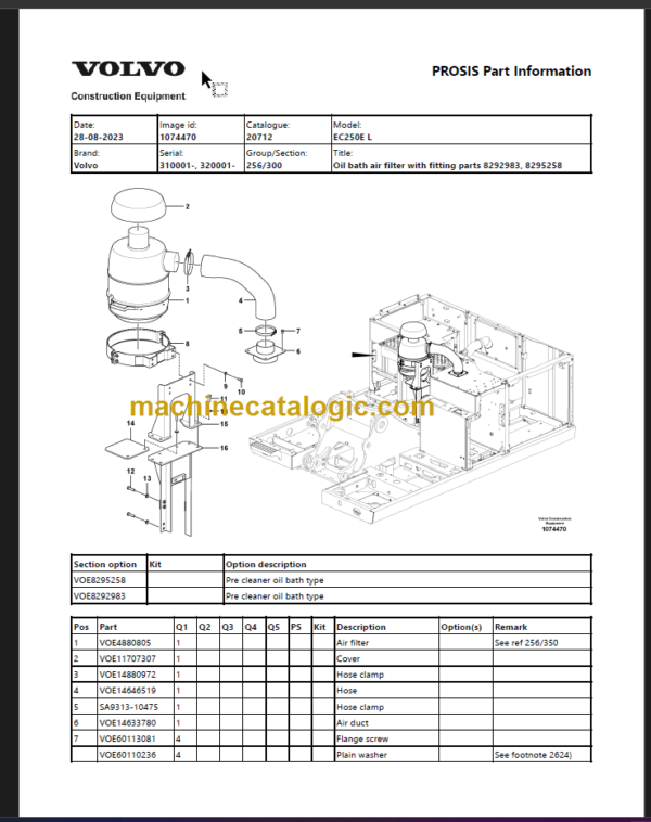 Volvo EC250E L Excavator Parts Manual