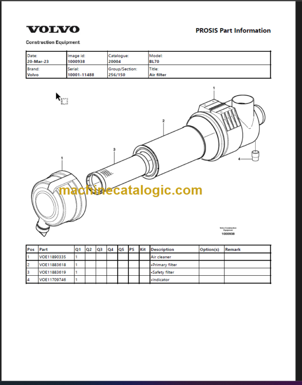 Volvo BL70 Backhoe Loader Parts Catalog Manual