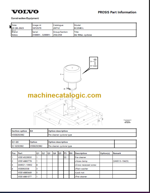 Volvo EC250E L Excavator Parts Manual