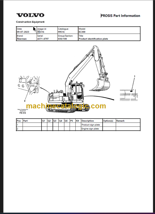 Volvo EC300 Akerman Excavator Parts Catalog Manual