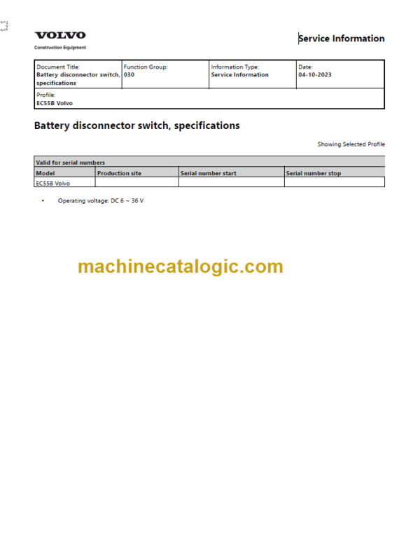 Volvo EC55B Compact Excavator Service Repair Manual