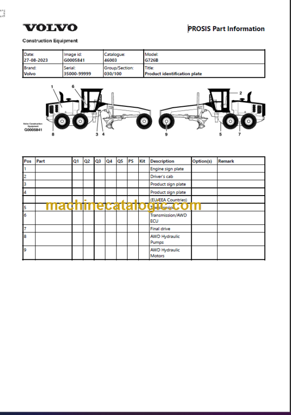 Volvo G726B Motor Grader Parts Manual