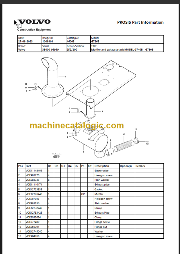 Volvo G726B Motor Grader Parts Manual