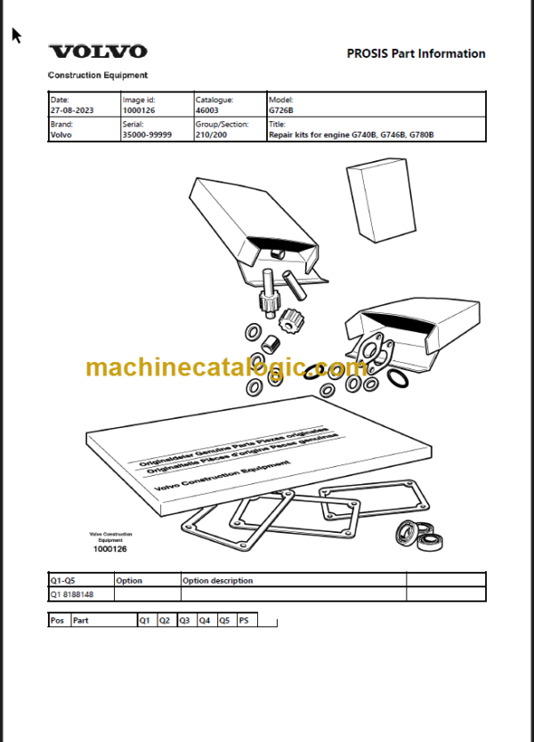 Volvo G726B Motor Grader Parts Manual