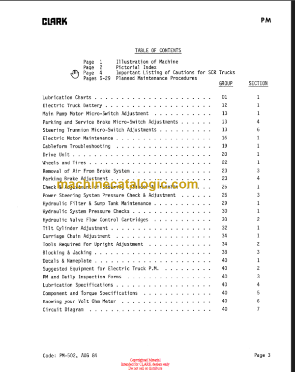 CLARK TM EM 10 THRU 15S Planned Maint & Adj Manuals