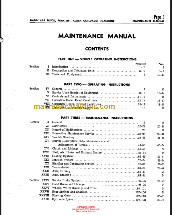 CLARK FORK TRUCK MANUAL AND PARTS LIST