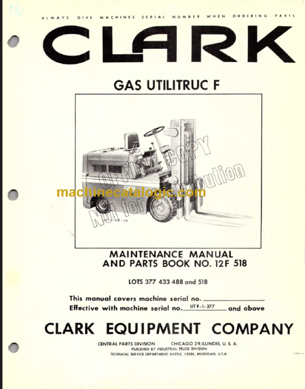 CLARK NO-12F MAINTENANCE MANUAL AND PARTS BOOK