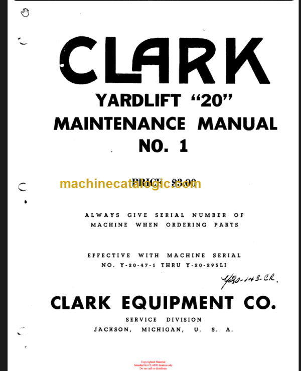 CLARK YARDLIFT 20 MAINTENANCE MANUAL