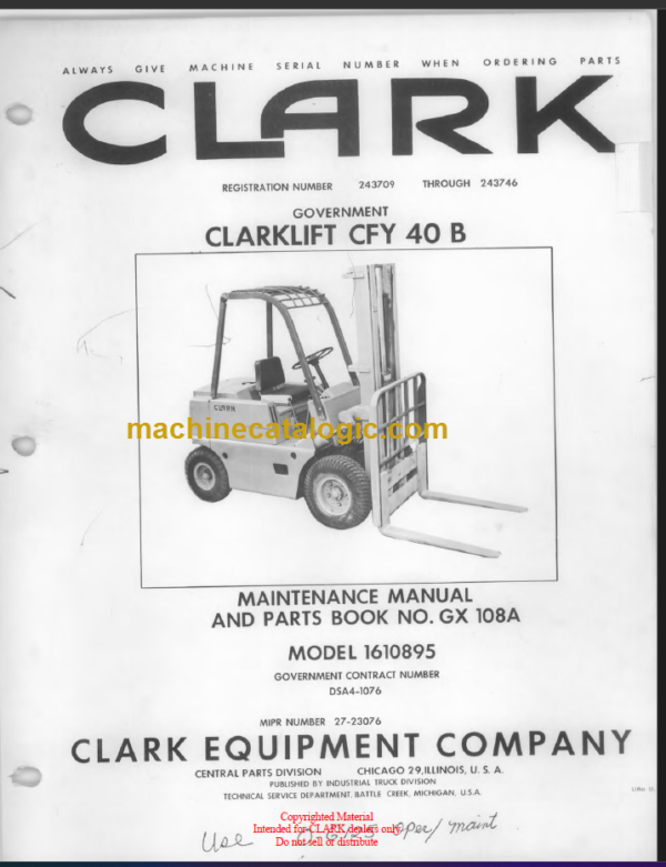 CLARK CFY 40B MAINTENANCE MANUAL