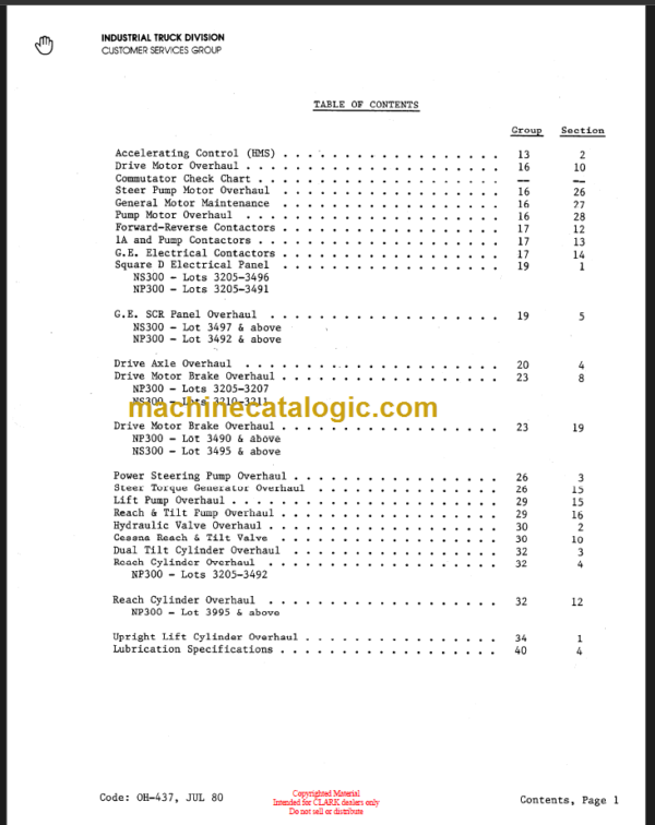 CLARK NP NS300 OVERHAUL MANUAL