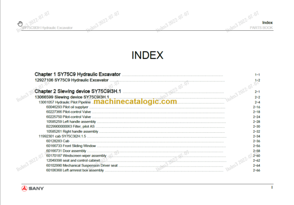 SANY SY75C PARTS MANUAL