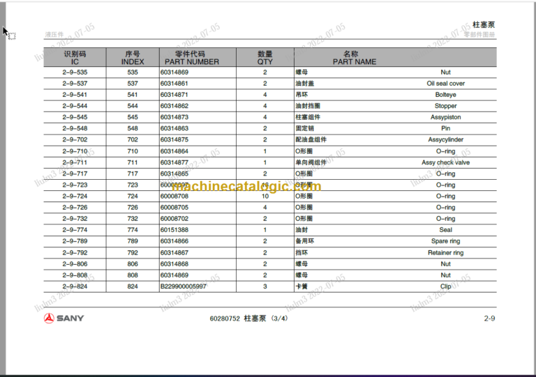 SANY SY245C 9M3KHH01 Parts Manual