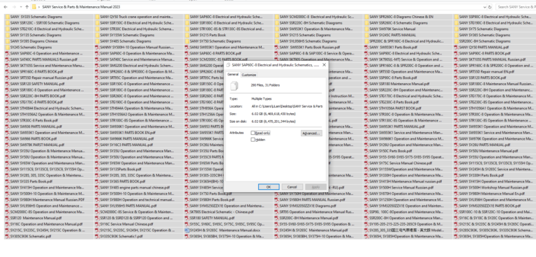 SANY Machinery Service Manual,  Parts Manual, Operation and Maintenance Manual