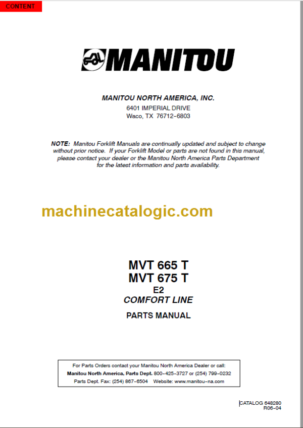 Manitou MVT 1340 L COMFORT LINE PARTS MANUAL