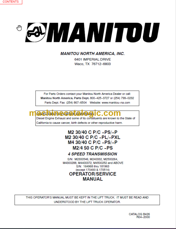 MANITOU M230 430 240 440 250 450-B426D OPERATOR SERVICE MANUAL