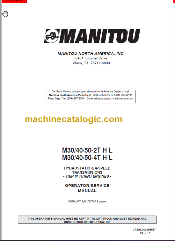 MANITOU M30 40 50-4 H L OPERATOR SERVICE MANUAL