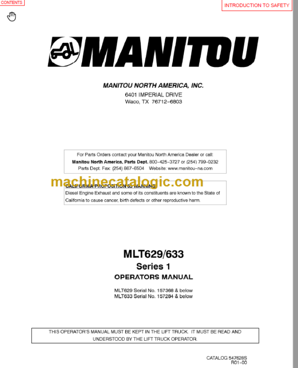 Manitou MLT 633 Operators Manual