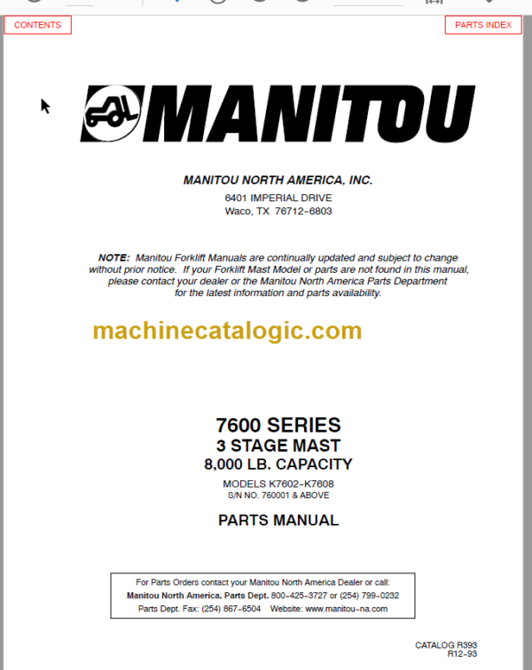 MANITOU 7600 Series Parts Manual