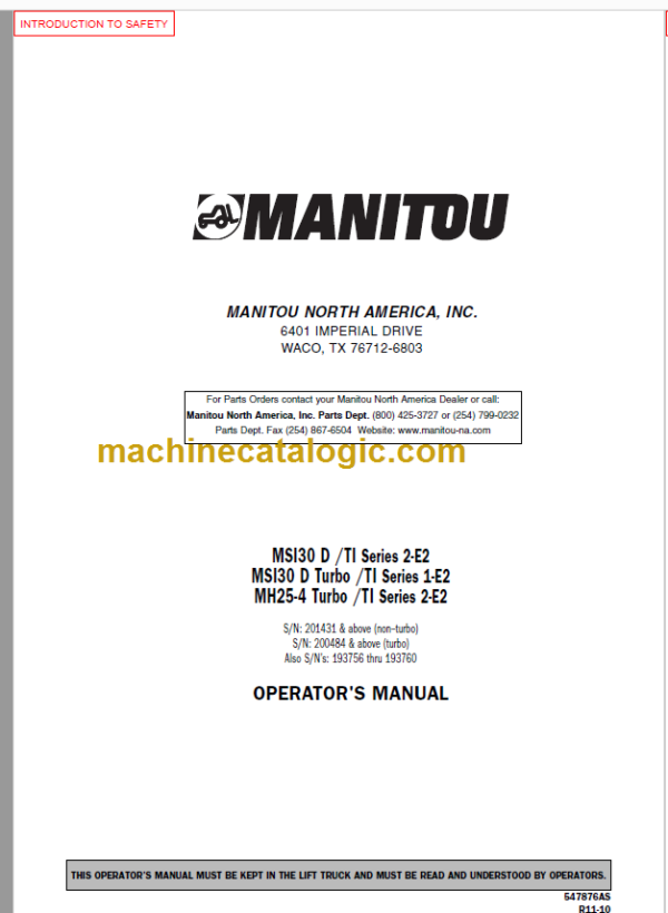 MANITOU MH25-4 Turbo S2-E2 OPERATOR'S MANUAL