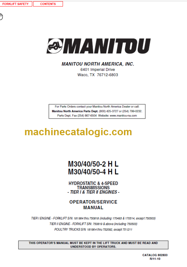 MANITOU M30 40 50-4 H L OPERATOR SERVICE MANUAL