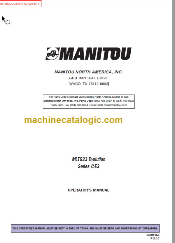 Manitou MLT 523 Evolution Series C-E3 R11-10 Operator's Manual