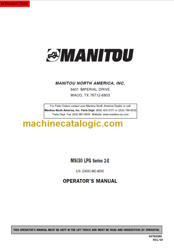 MANITOU MSI 30 LPG Series 2-E OPERATOR'S MANUAL