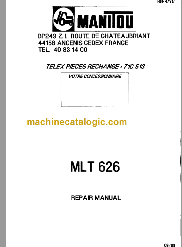 Manitou MLT 626 Repair Manual 09.1989