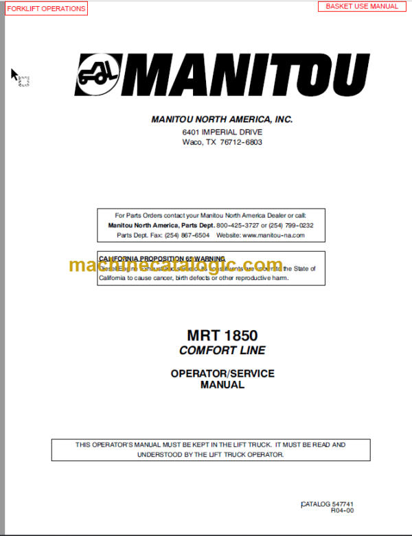 Manitou MRT 1850 COMFORT LINE SERVICE MANUAL