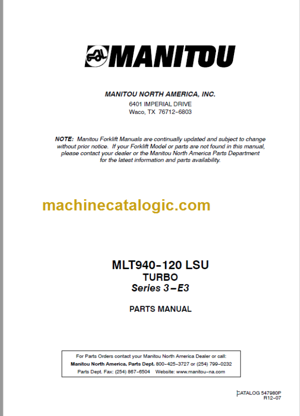 Manitou MLT 845 120 LSU S3-E3 PARTS CATALOGUE