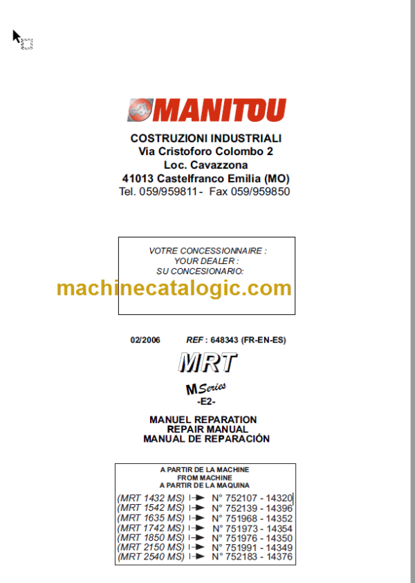 Manitou MRT 1432 MS REPAIR MANUAL FR-EN-ES