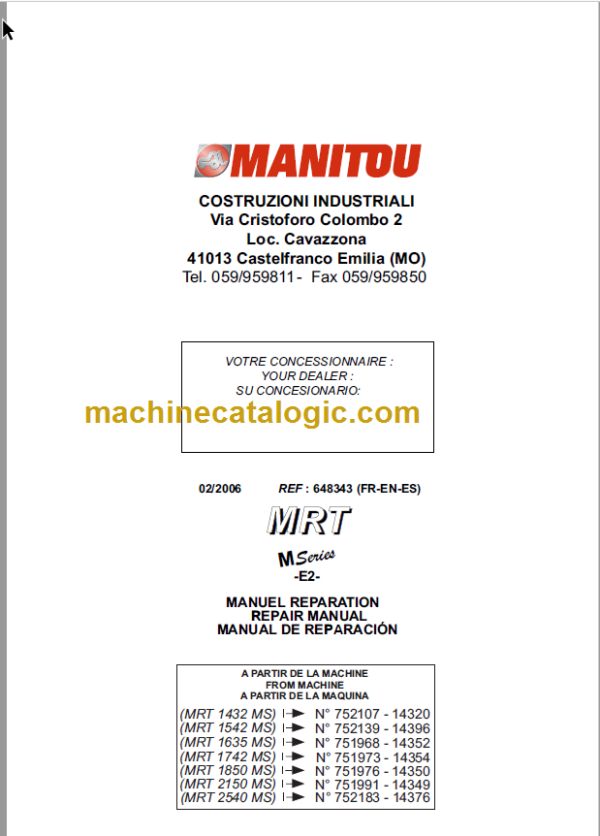 Manitou MRT 1542 MS REPAIR MANUAL FR-EN-ES