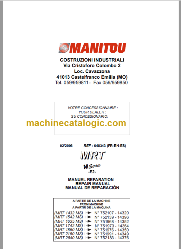 Manitou MRT 1635 MS REPAIR MANUAL FR-EN-ES