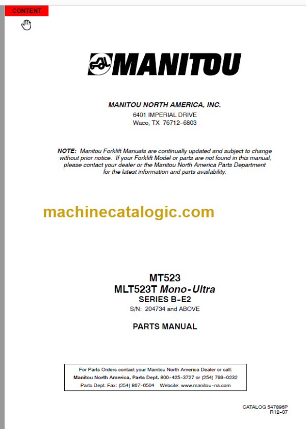 Manitou MLT 523T Mono-Ultra SB-E2 PARTS MANUAL