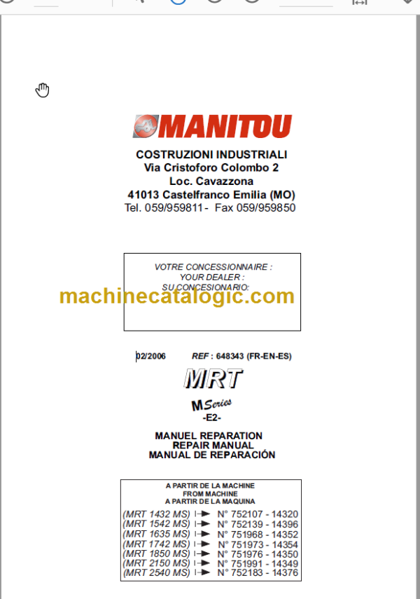 Manitou MRT 1742 MS REPAIR MANUAL FR-EN-ES