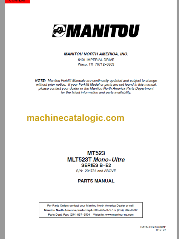Manitou MLT 523T PARTS MANUAL
