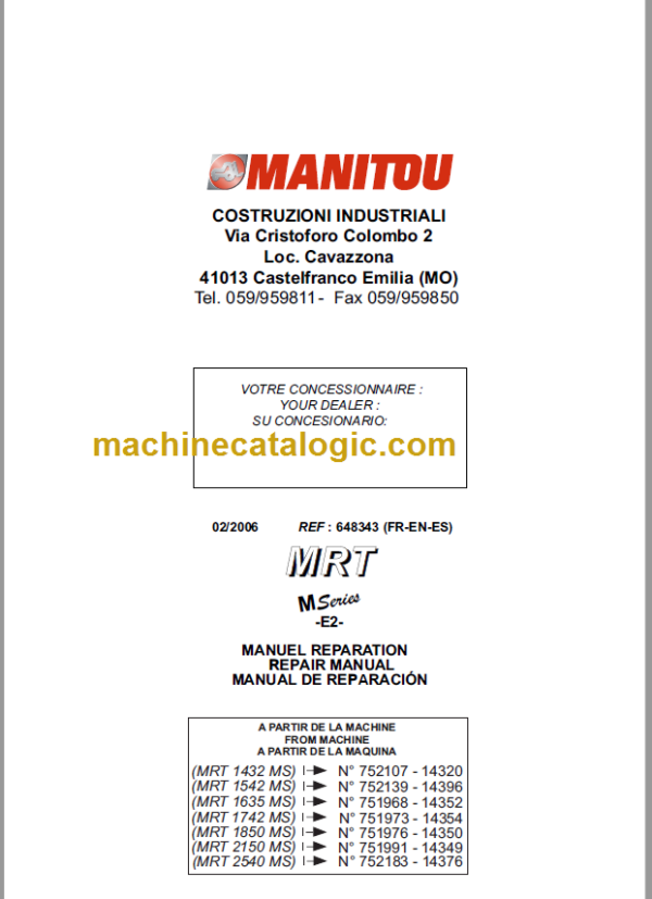 Manitou MRT 2540 MS REPAIR MANUAL FR-EN-ES