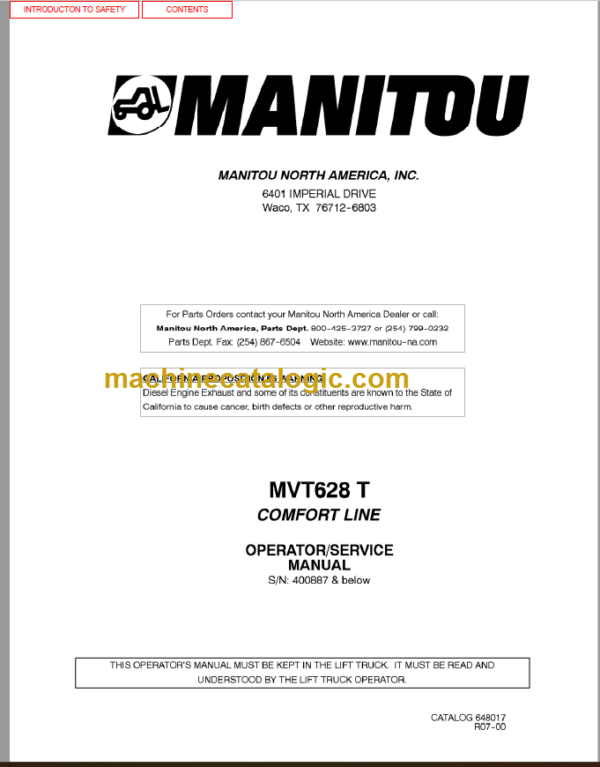 Manitou MVT 628 T COMFORT LINE OPERATOR'S MANUAL