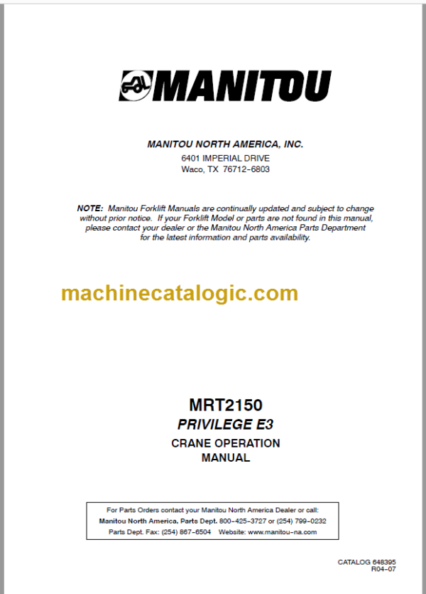 Manitou MRT 2150 PRIVILEGE E3 CRANE OPERATION MANUAL