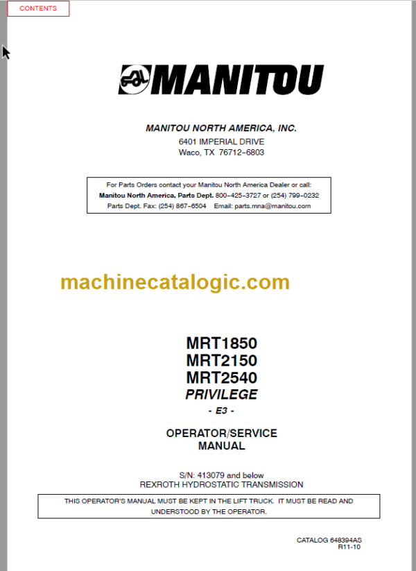 Manitou MRT 1850 E3 OPERATOR SERVICE MANUAL