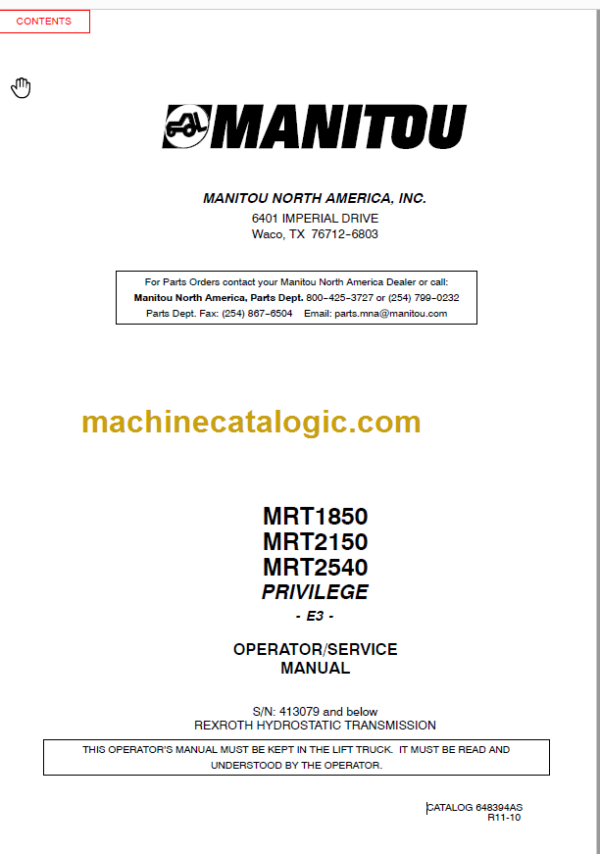 Manitou MRT 2150 E3 OPERATOR SERVICE MANUAL