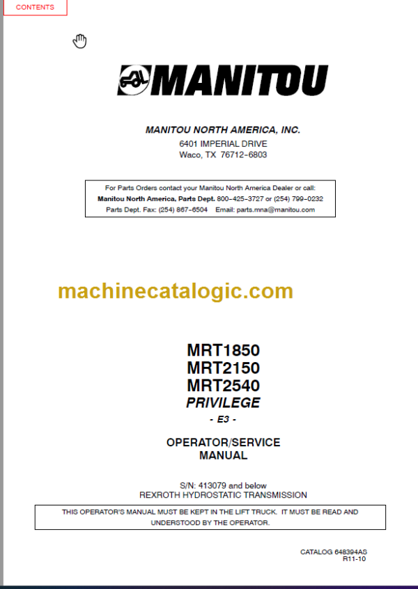 Manitou MRT 1850 MRT 2150 MRT 2540 Repair Manual