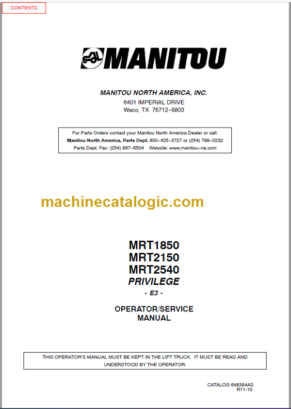 Manitou MRT 1850 PRIVILEGE E3 SERVICE MANUAL