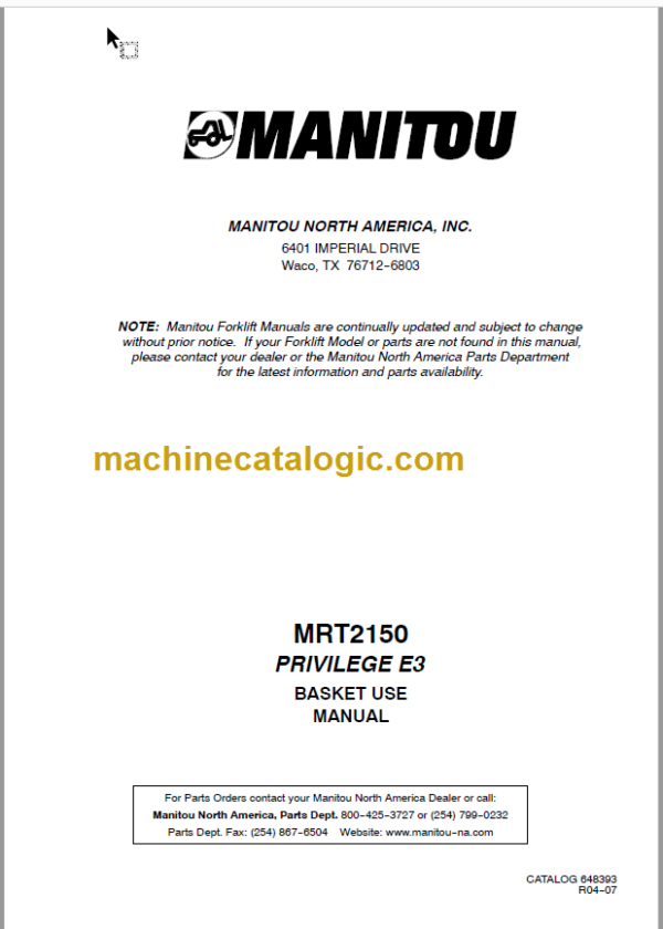 Manitou MRT 2150 PRIVILEGE E3 BASKET USE MANUAL