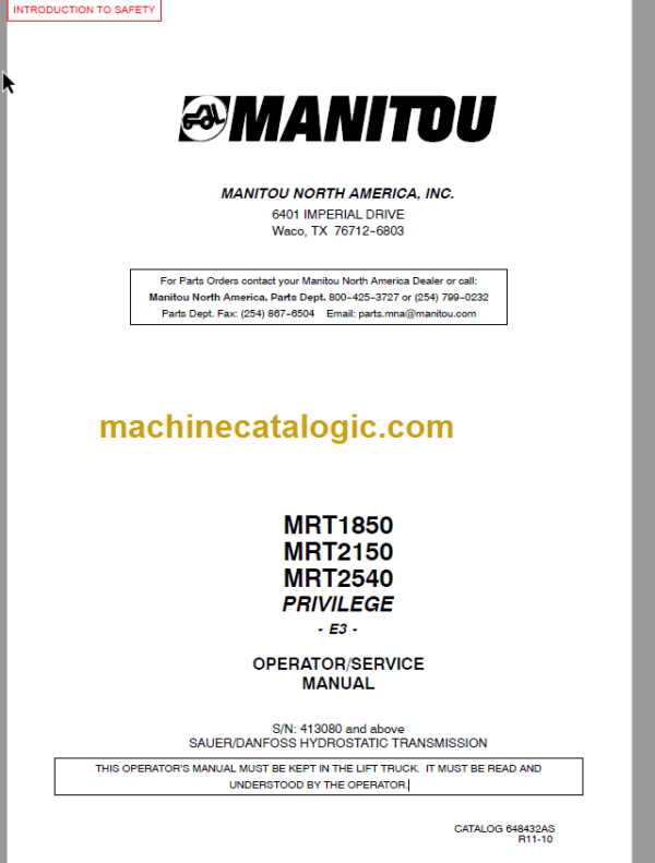 Manitou MRT 1850 PRIVILEGE E3 SERVICE MANUAL