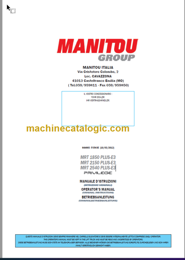 Manitou MRT 1850 PLUS-E3 OPERATOR’S MANUAL