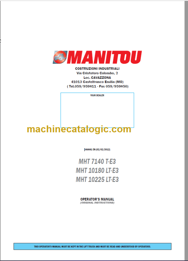 MHT 10225 LT-E3 OPERATOR'S MANUAL