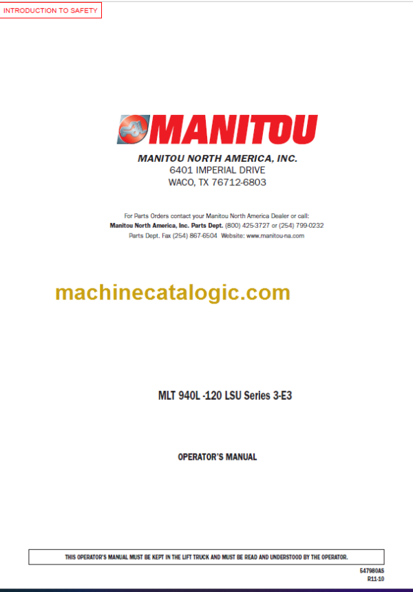 Manitou MLT 940L 120 LSU S3-E3 Operator's Manual