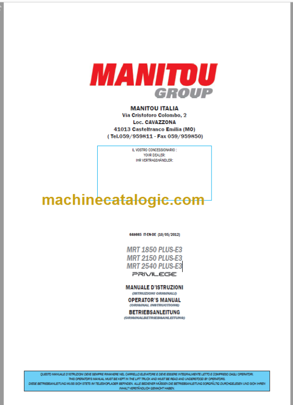 Manitou MRT 2150 PLUS-E3 OPERATOR’S MANUAL